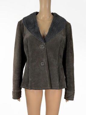 Vintage Danier Dusty Green Grey Suede Leather Sherpa Jacket